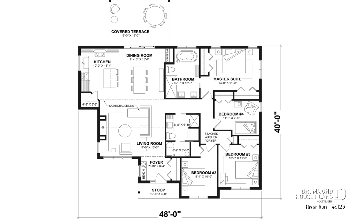 1st level - Single-storey floor plan, 4 bedrooms and 2 baths on main floor, open concept, coffee bar and sheltered terrace - River Run