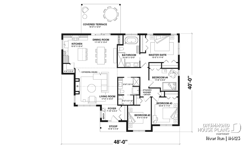 1st level - Single-storey floor plan, 4 bedrooms and 2 baths on main floor, open concept, coffee bar and sheltered terrace - River Run