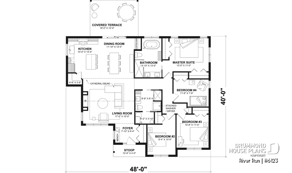 1st level - Single-storey floor plan, 4 bedrooms and 2 baths on main floor, open concept, coffee bar and sheltered terrace - River Run