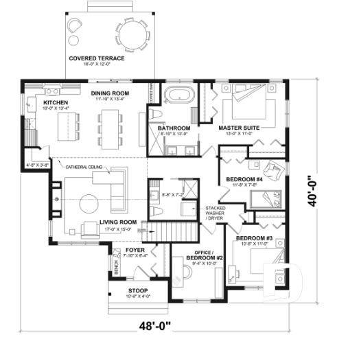 1st level - Basement foundation (Optional $) - Single-storey floor plan, 4 bedrooms and 2 baths on main floor, open concept, coffee bar and sheltered terrace - River Run