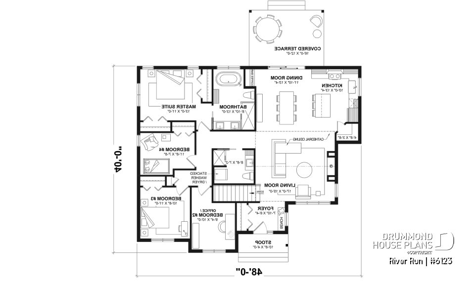 1st level - Basement foundation (Optional $) - Single-storey floor plan, 4 bedrooms and 2 baths on main floor, open concept, coffee bar and sheltered terrace - River Run