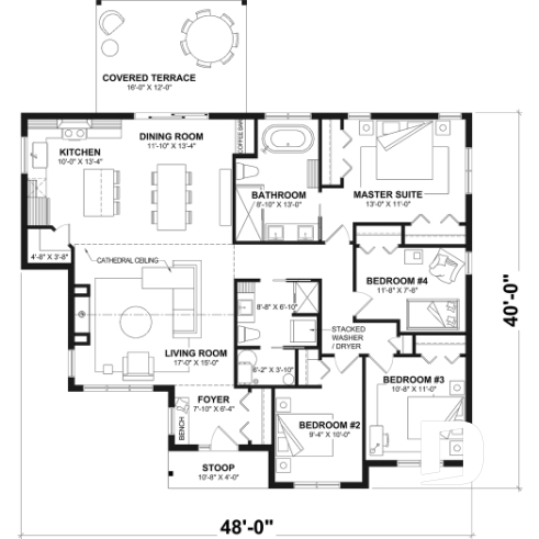 1st level - Single-storey floor plan, 4 bedrooms and 2 baths on main floor, open concept, coffee bar and sheltered terrace - River Run