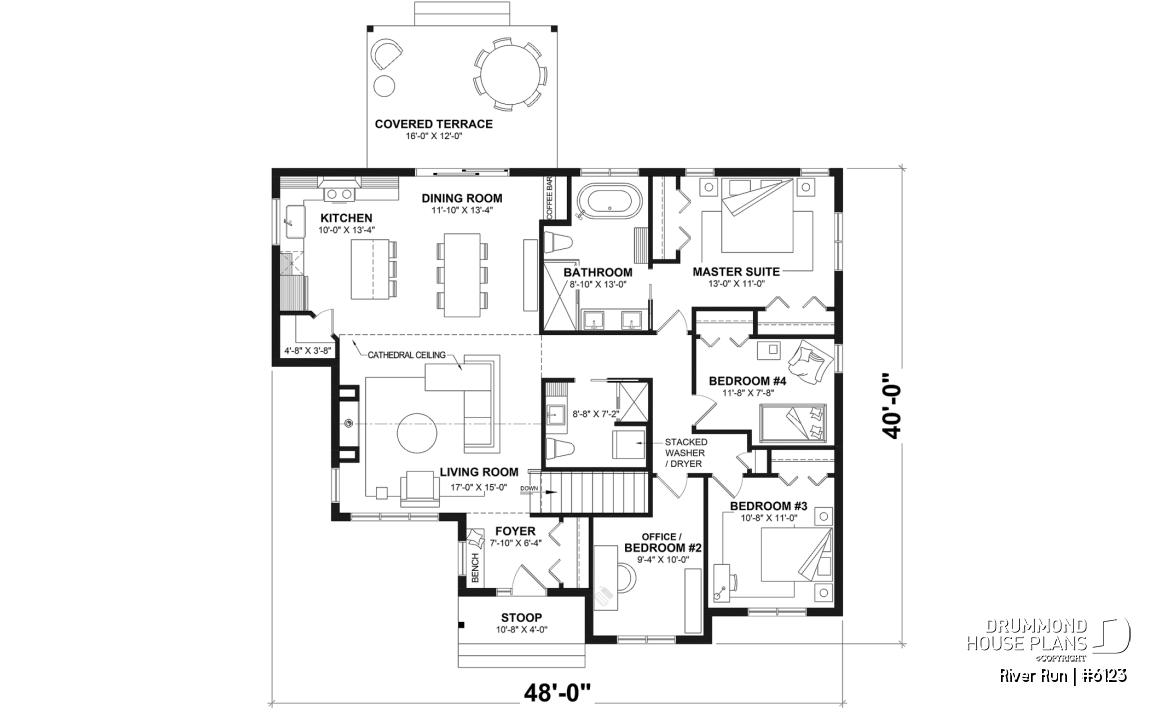 1st level (Optional $) - Single-storey floor plan, 4 bedrooms and 2 baths on main floor, open concept, coffee bar and sheltered terrace - River Run