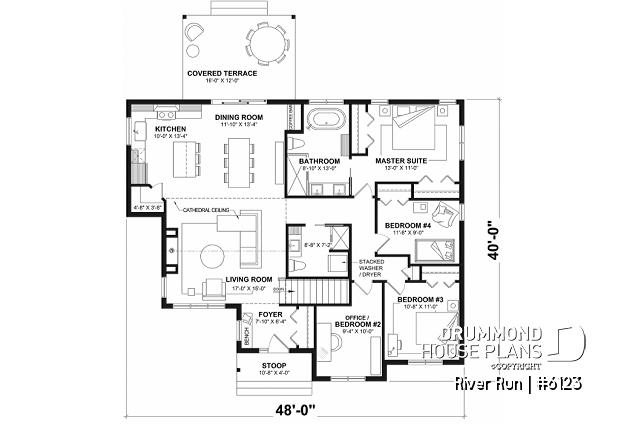 1st level (Optional $) - Single-storey house plan, 4 bedrooms and 2 baths on main floor, open concept, coffee bar and sheltered terrace - River Run