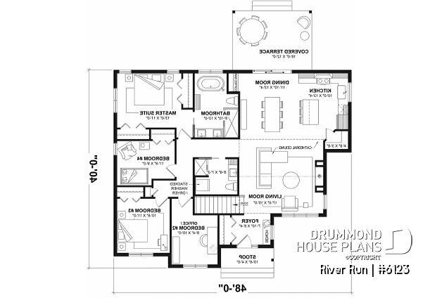 1st level (Optional $) - Single-storey house plan, 4 bedrooms and 2 baths on main floor, open concept, coffee bar and sheltered terrace - River Run