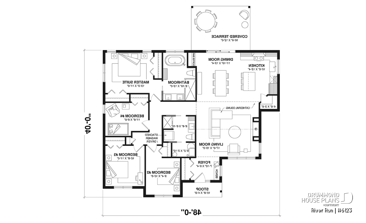 1st level - Single-storey floor plan, 4 bedrooms and 2 baths on main floor, open concept, coffee bar and sheltered terrace - River Run