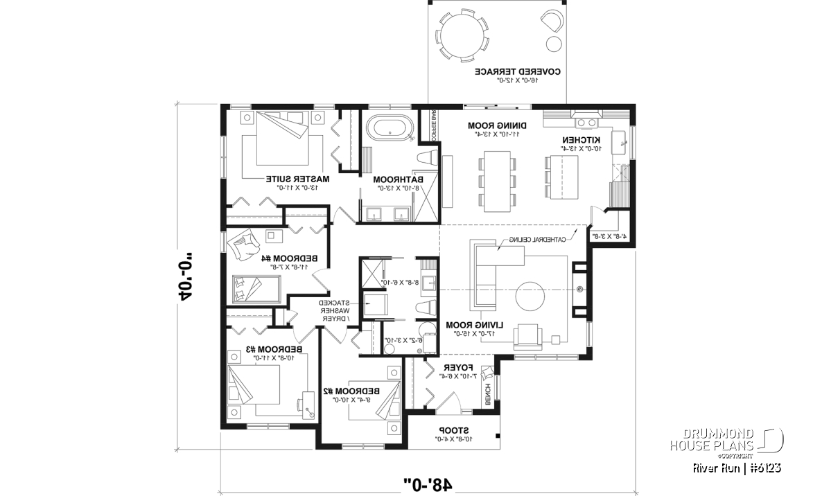 1st level - Single-storey floor plan, 4 bedrooms and 2 baths on main floor, open concept, coffee bar and sheltered terrace - River Run