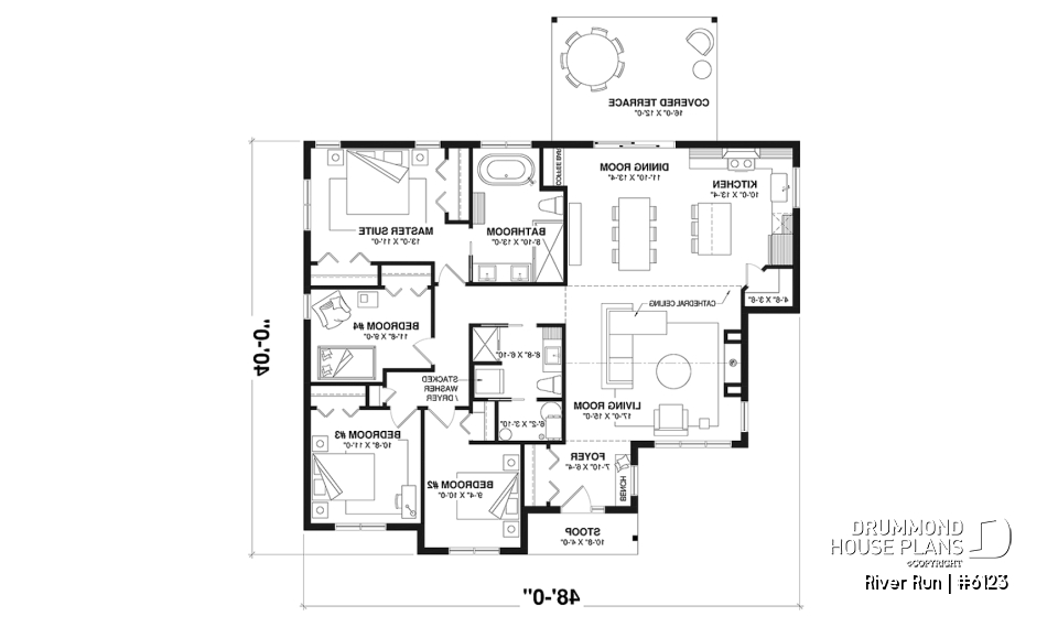 1st level - Single-storey floor plan, 4 bedrooms and 2 baths on main floor, open concept, coffee bar and sheltered terrace - River Run