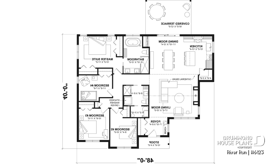 1st level - Single-storey floor plan, 4 bedrooms and 2 baths on main floor, open concept, coffee bar and sheltered terrace - River Run