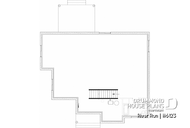 Unfinished basement (Optional $) - Single-storey house plan, 4 bedrooms and 2 baths on main floor, open concept, coffee bar and sheltered terrace - River Run