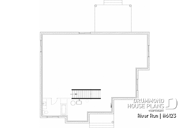 Unfinished basement (Optional $) - Single-storey house plan, 4 bedrooms and 2 baths on main floor, open concept, coffee bar and sheltered terrace - River Run