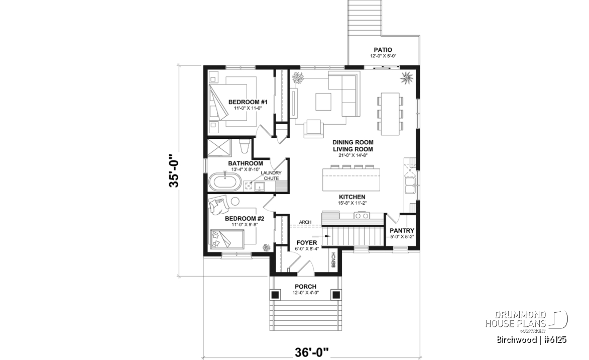 1st level - Small English style bungalow house plan with optional finished basement ($) for a total of 2 to 4 bedrooms - Birchwood