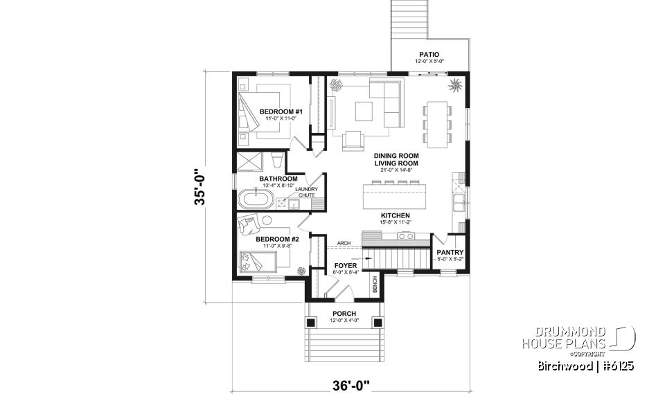 1st level - Small English style bungalow house plan with optional finished basement ($) for a total of 2 to 4 bedrooms - Birchwood