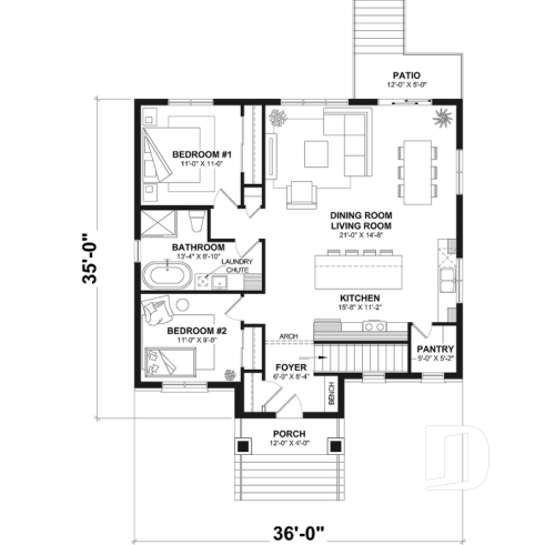 1st level - Small English style bungalow house plan with optional finished basement ($) for a total of 2 to 4 bedrooms - Birchwood
