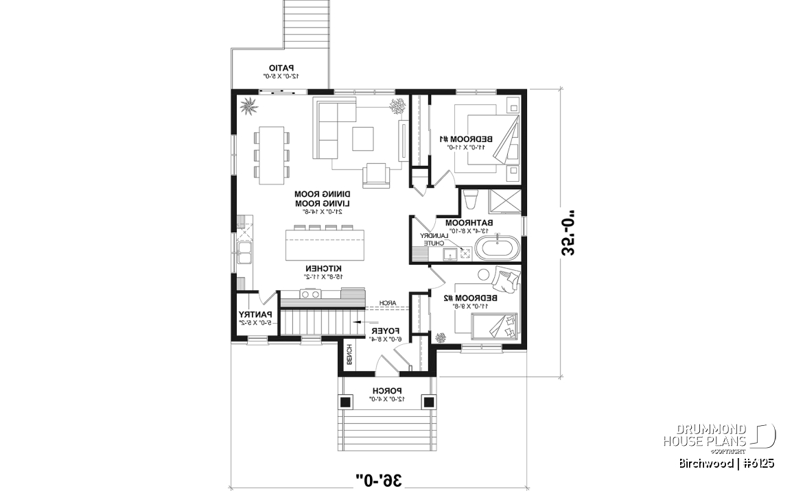 1st level - Small English style bungalow house plan with optional finished basement ($) for a total of 2 to 4 bedrooms - Birchwood