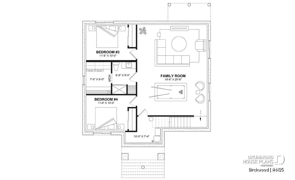 Finished basement (Optional $) - Small English style bungalow house plan with optional finished basement ($) for a total of 2 to 4 bedrooms - Birchwood
