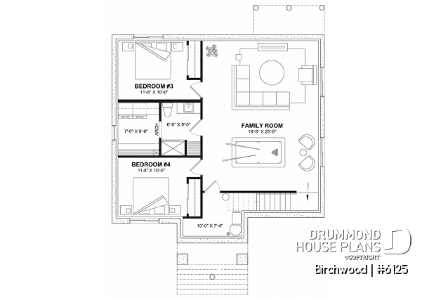 Finished basement (Optional $) - Small English style bungalow house plan with optional finished basement ($) for a total of 2 to 4 bedrooms - Birchwood