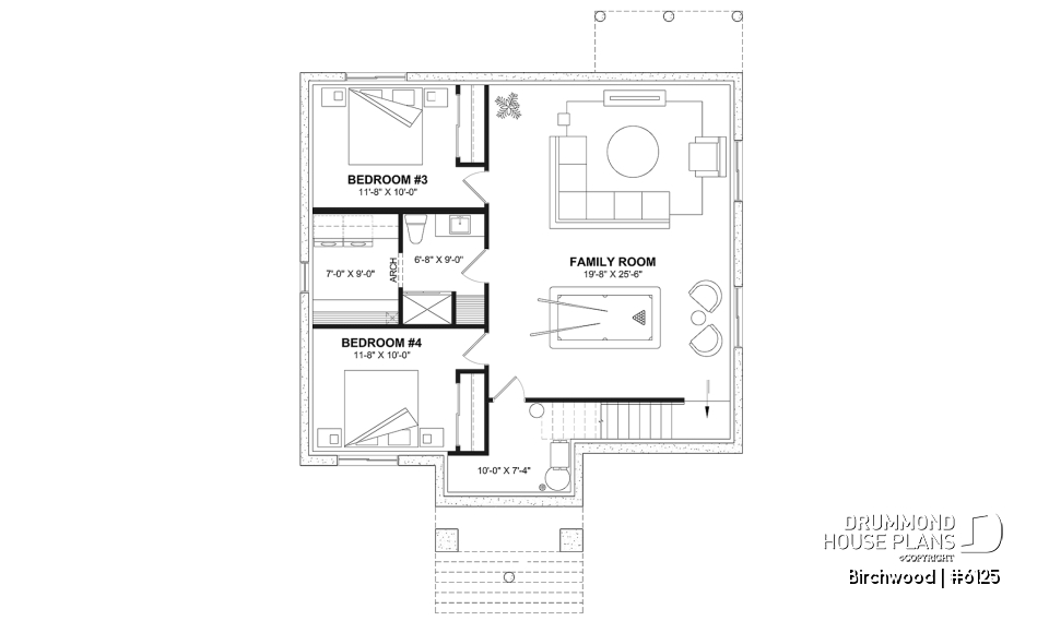 Finished basement (Optional $) - Small English style bungalow house plan with optional finished basement ($) for a total of 2 to 4 bedrooms - Birchwood