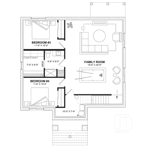 Finished basement (Optional $) - Small English style bungalow house plan with optional finished basement ($) for a total of 2 to 4 bedrooms - Birchwood