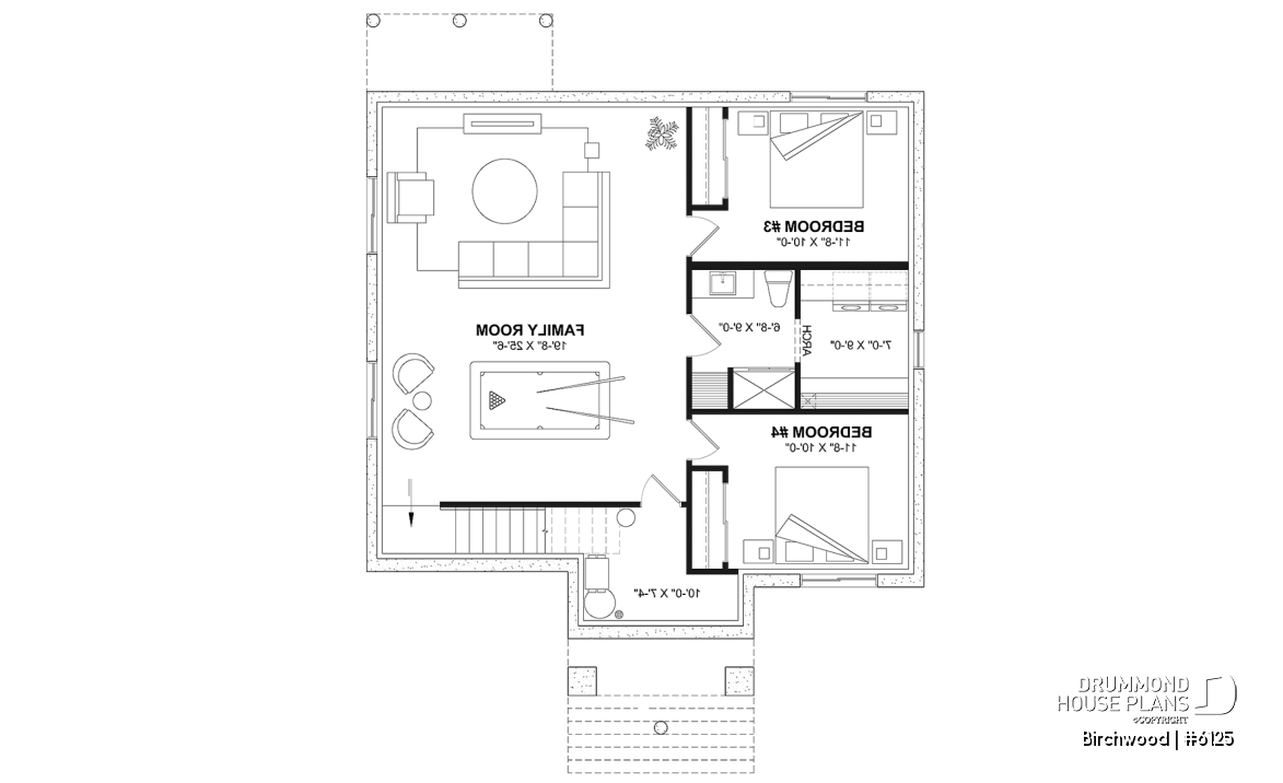 Finished basement (Optional $) - Small English style bungalow house plan with optional finished basement ($) for a total of 2 to 4 bedrooms - Birchwood