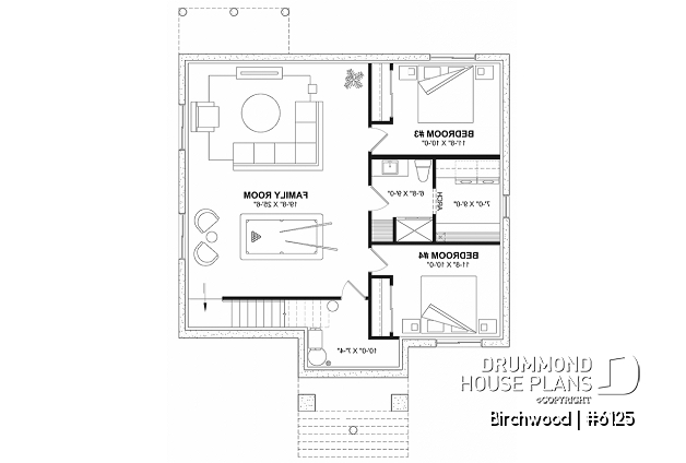 Finished basement (Optional $) - Small English style bungalow house plan with optional finished basement ($) for a total of 2 to 4 bedrooms - Birchwood