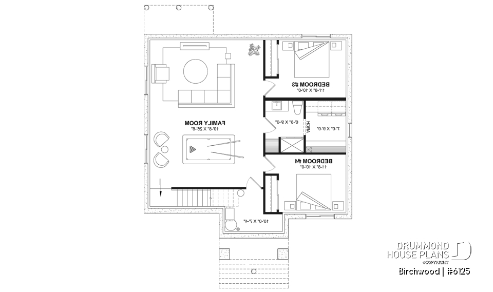 Finished basement (Optional $) - Small English style bungalow house plan with optional finished basement ($) for a total of 2 to 4 bedrooms - Birchwood