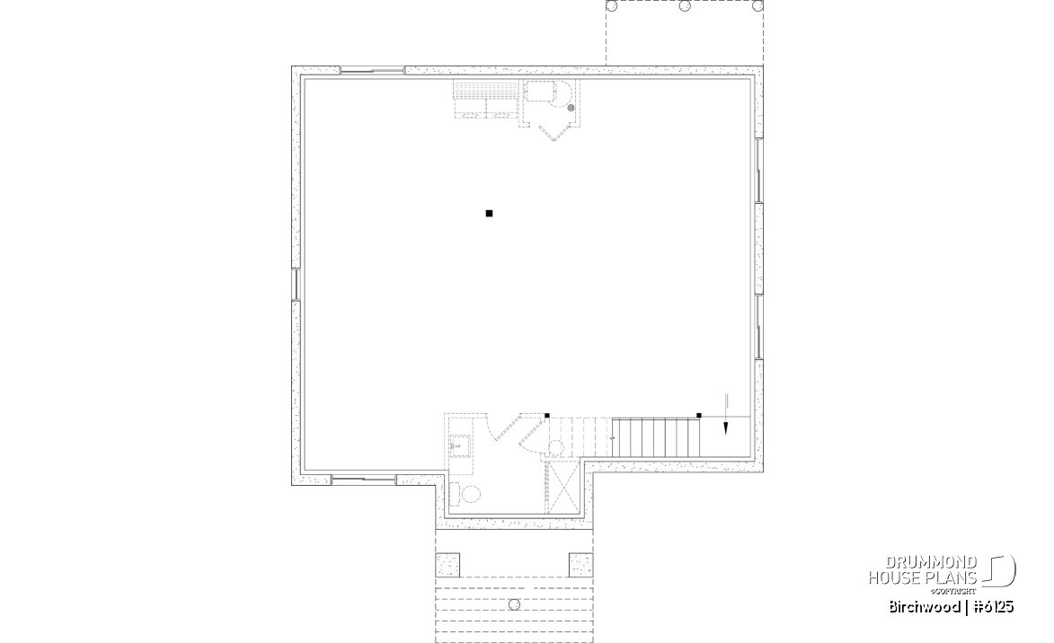 Unfinished basement - Small English style bungalow house plan with optional finished basement ($) for a total of 2 to 4 bedrooms - Birchwood