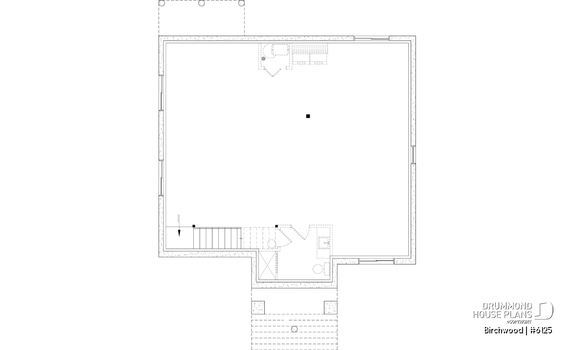 Unfinished basement - Small English style bungalow house plan with optional finished basement ($) for a total of 2 to 4 bedrooms - Birchwood