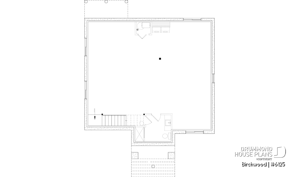 Unfinished basement - Small English style bungalow house plan with optional finished basement ($) for a total of 2 to 4 bedrooms - Birchwood