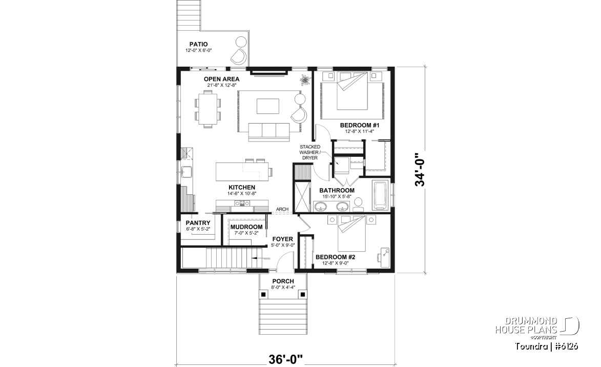 1st level - Country style modest single-story house plan, 2 to 4 bedrooms, open concept and finished basement (optional $) - Toundra