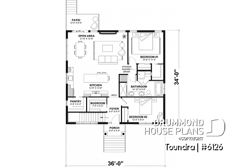 1st level - Country style modest single-story house plan, 2 to 4 bedrooms, open concept and finished basement (optional $) - Toundra