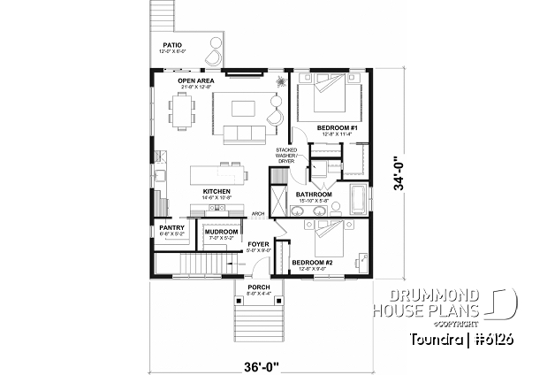 1st level - Country style modest single-story house plan, 2 to 4 bedrooms, open concept and finished basement (optional $) - Toundra