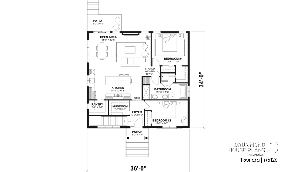 1st level - Country style modest single-story house plan, 2 to 4 bedrooms, open concept and finished basement (optional $) - Toundra