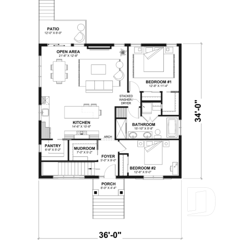 1st level - Country style modest single-story house plan, 2 to 4 bedrooms, open concept and finished basement (optional $) - Toundra