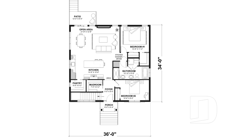 1st level - Country style modest single-story house plan, 2 to 4 bedrooms, open concept and finished basement (optional $) - Toundra