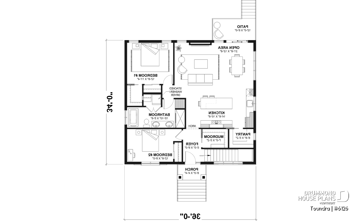 1st level - Country style modest single-story house plan, 2 to 4 bedrooms, open concept and finished basement (optional $) - Toundra