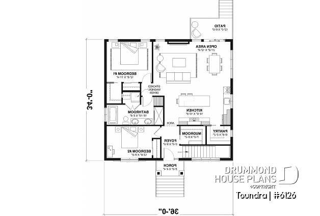 1st level - Country style modest single-story house plan, 2 to 4 bedrooms, open concept and finished basement (optional $) - Toundra