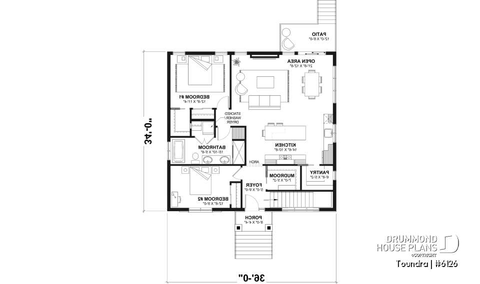 1st level - Country style modest single-story house plan, 2 to 4 bedrooms, open concept and finished basement (optional $) - Toundra