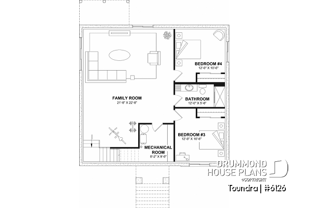 Finished basement - Country style modest single-story house plan, 2 to 4 bedrooms, open concept and finished basement (optional $) - Toundra