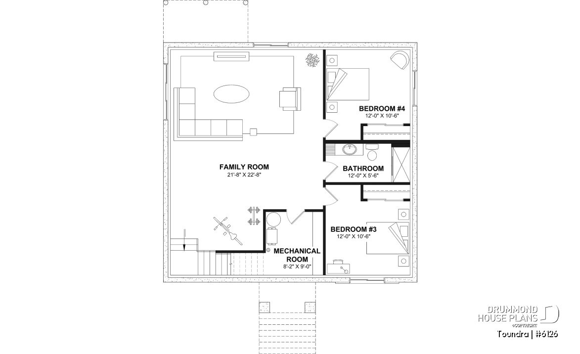 Finished basement (Optional $) - Country style modest single-story house plan, 2 to 4 bedrooms, open concept and finished basement (optional $) - Toundra