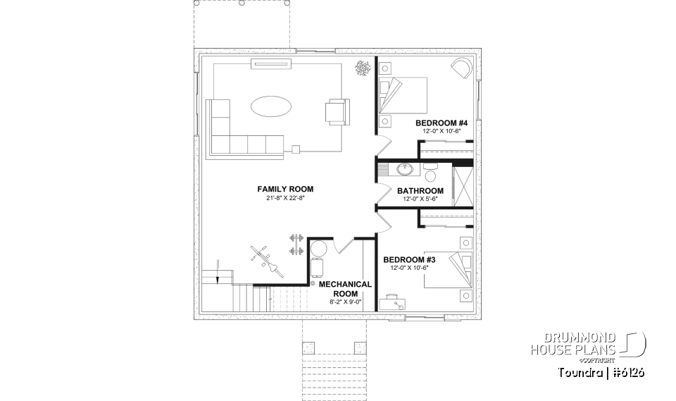Finished basement (Optional $) - Country style modest single-story house plan, 2 to 4 bedrooms, open concept and finished basement (optional $) - Toundra