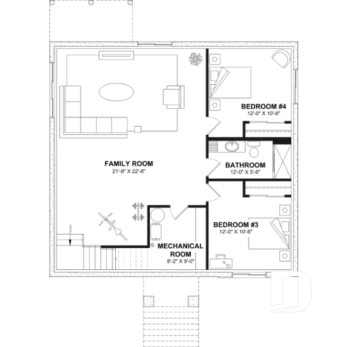 Finished basement (Optional $) - Country style modest single-story house plan, 2 to 4 bedrooms, open concept and finished basement (optional $) - Toundra