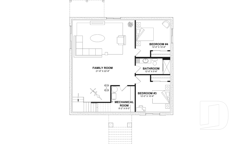 Finished basement (Optional $) - Country style modest single-story house plan, 2 to 4 bedrooms, open concept and finished basement (optional $) - Toundra