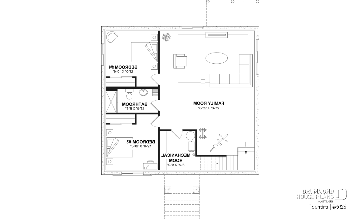 Finished basement (Optional $) - Country style modest single-story house plan, 2 to 4 bedrooms, open concept and finished basement (optional $) - Toundra