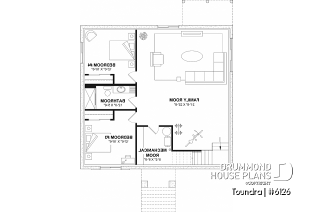 Finished basement (Optional $) - Country style modest single-story house plan, 2 to 4 bedrooms, open concept and finished basement (optional $) - Toundra