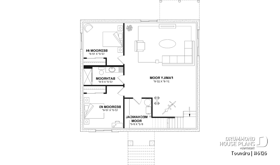 Finished basement (Optional $) - Country style modest single-story house plan, 2 to 4 bedrooms, open concept and finished basement (optional $) - Toundra