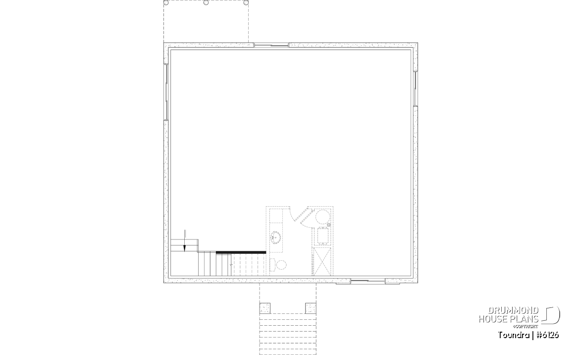 Unfinished basement - Country style modest single-story house plan, 2 to 4 bedrooms, open concept and finished basement (optional $) - Toundra