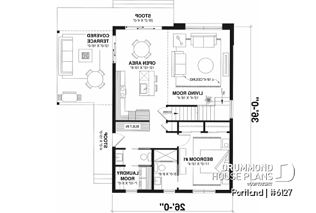 1st level of house plan 6127 1st level - Scandinavian-style home design featuring Maibec red cedar siding. - Portland