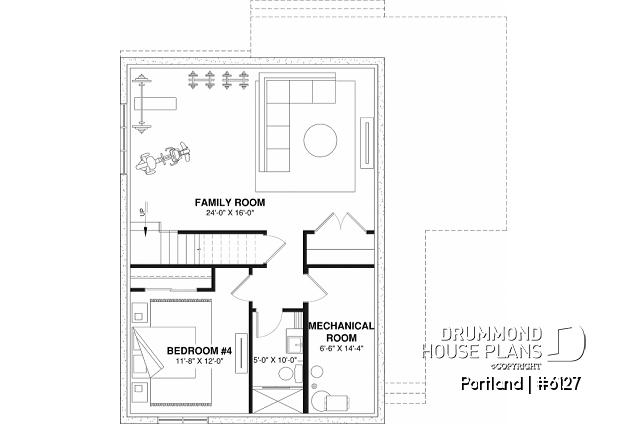 Finished basement (Optional $) of house plan 6127 Finished basement (Optional $) - Scandinavian-style home design featuring Maibec red cedar siding. - Portland