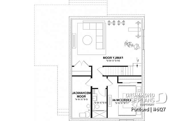 Finished basement (Optional $) of house plan 6127 Finished basement (Optional $) - Scandinavian-style home design featuring Maibec red cedar siding. - Portland